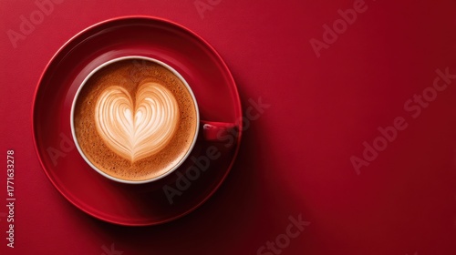 Top view of coffee cup with heart shape latte art