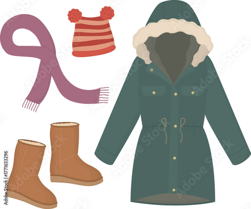 Illustration of warm boots, scarf, knit hat and green parka jacket. Set of stylish cold-weather outfit elements
