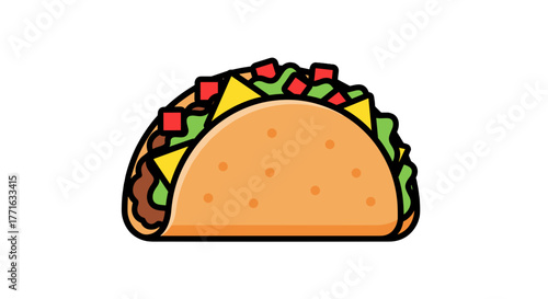Delicious taco filled with savory meat, cheese, lettuce, and tomatoes presented in a cartoon style design.