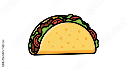 A flavorful taco illustration featuring seasoned meat, fresh lettuce, and ripe tomatoes nestled in a crispy shell. 