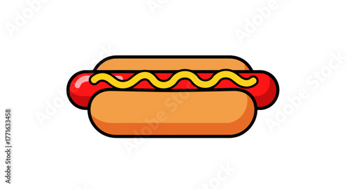 A cartoon style hotdog with a red sausage and yellow mustard, all within a tan bun. It is centered on the transparent background.