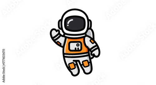 Cartoon astronaut floating in the dark void with a cheerful wave, a cute and whimsical space traveler in a bulky white spacesuit.
