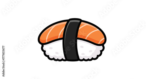 Isolated cartoon illustration of a salmon nigiri sushi with rice and nori on a transparent background, perfect for a menu.