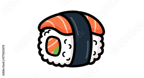 A delightful cartoon-style sushi roll with salmon and rice, meticulously wrapped in seaweed, presented on a transparent background.
