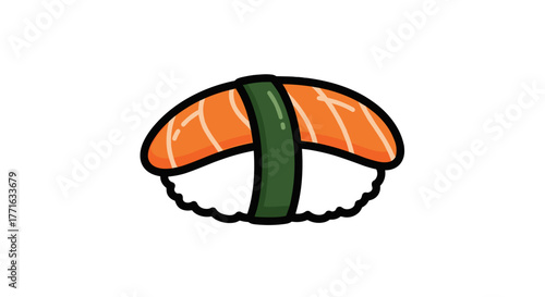 A charming, cartoon-style illustration of a piece of salmon nigiri sushi, set against a clean, transparent background.