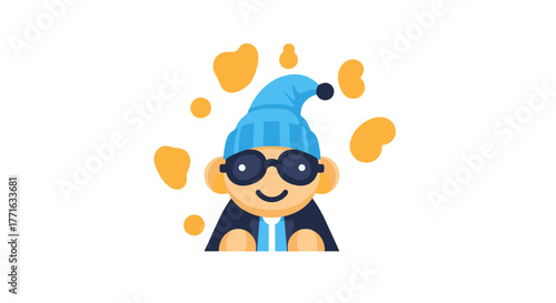 A cheerful cartoon figure with a blue nightcap and glasses surrounded by orange spots on a transparent background.
