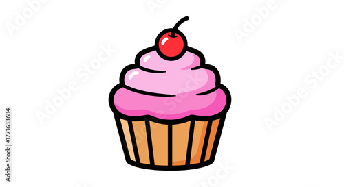Delicious cupcake with pink frosting and a cherry on top, perfect for a sweet treat or a festive party. It looks yummy.
