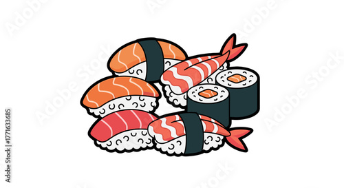 An artful arrangement of sushi, showcasing various types with salmon, tuna and shrimp toppings. Tasty and tempting.