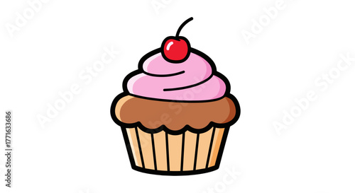A delightful cartoon-style cupcake with pink frosting and a bright red cherry on top, perfect for dessert lovers.