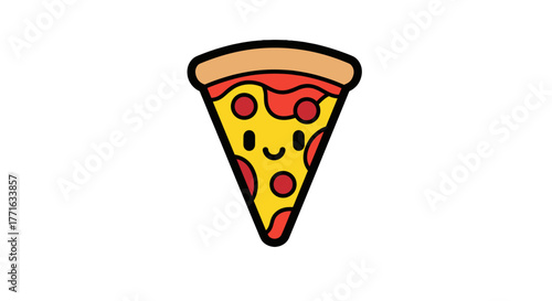 Cute slice of pizza with a cheerful expression, red tomato sauce and pepperoni topping on a yellow crust. Slice illustration.