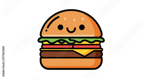 A cheerful burger character with lettuce, tomato, cheese, and a patty smiles against a transparent background, ready to eat!