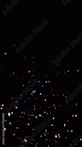 Vertical 4K animation of multicolored confetti flying upward with sparkle effect. Celebration overlay with alpha channel, festive background.