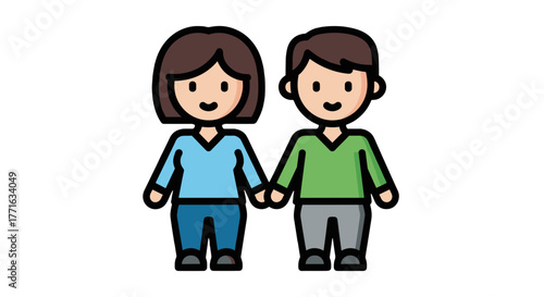 Stylized cartoon of a couple holding hands and smiling, representing togetherness, connection, and shared happiness.