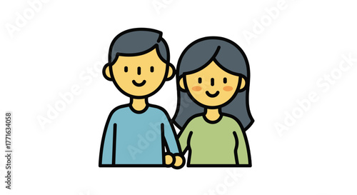 A cartoon of a loving couple, holding hands and smiling, showcasing connection and commitment. Simple yet expressive design.