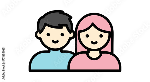 A man with black hair and a blue shirt stands next to a pink-haired woman wearing a pink shirt, both smiling.