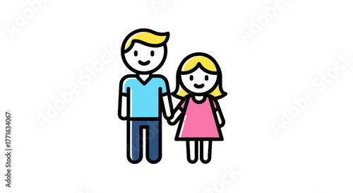 Cartoon father and daughter holding hands with smiles and standing on a transparent background in a vector illustration.