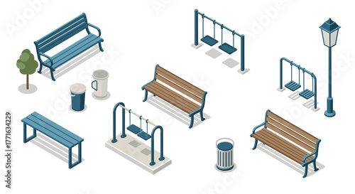 Isometric urban park elements with benches swings and trees