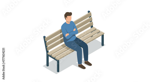 Person sitting on park bench with arms crossed in isometric style