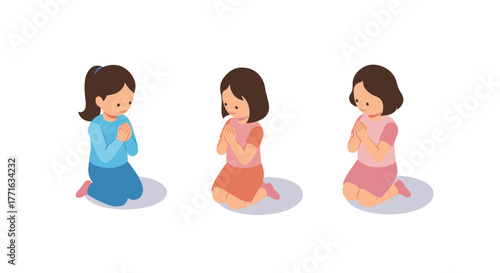 Children praying together on their knees in simple cartoon style