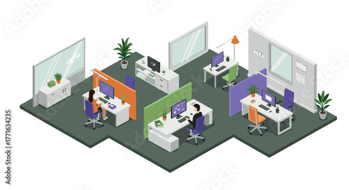 Modern isometric office workspace with colleagues collaborating in cubicles
