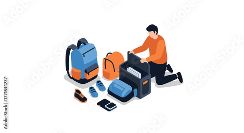 Traveler organizing luggage with backpacks and shoes in modern isometric style