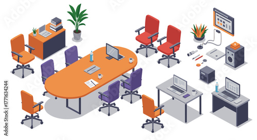 Isometric office interior with tables, computers, and chairs for modern workspace design