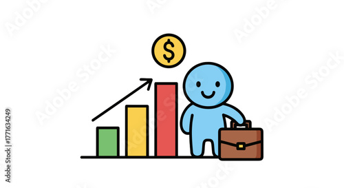 Optimistic character with briefcase beside a steadily growing bar graph pointing to increasing revenue & prosperity.