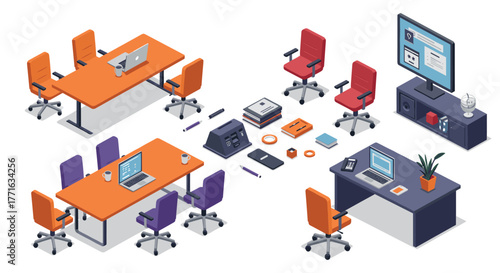 Modern office isometric furniture set with desks, chairs, and electronics for workspace design