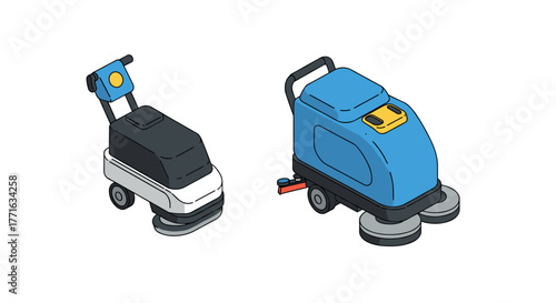 Isometric floor cleaning machines on white background
