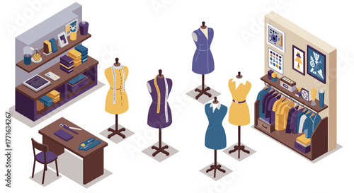 Fashion design studio with tailoring supplies and mannequins in isometric style