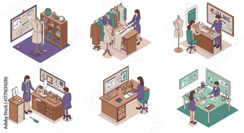 Fashion designer workspace and office activities in isometric style