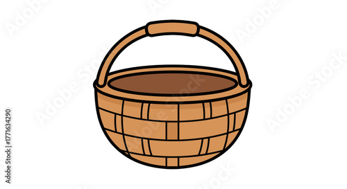 A woven basket stands ready for collecting harvest treasures or carrying goods with its sturdy handle and open design.