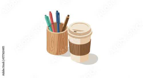 Isometric office desk setup with coffee cup and pen holder