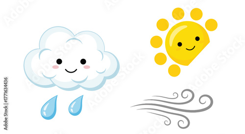 Cartoon depiction of a cloud with raindrops, a smiling sun, and wind gusts illustrating different types of weather.