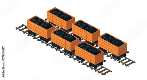 Isometric coal transport wagons on railway tracks for industrial mining