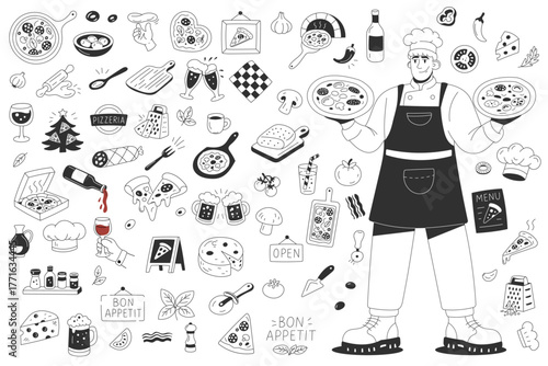 Huge pizza doodle pack with chef and kitchen elements for branding