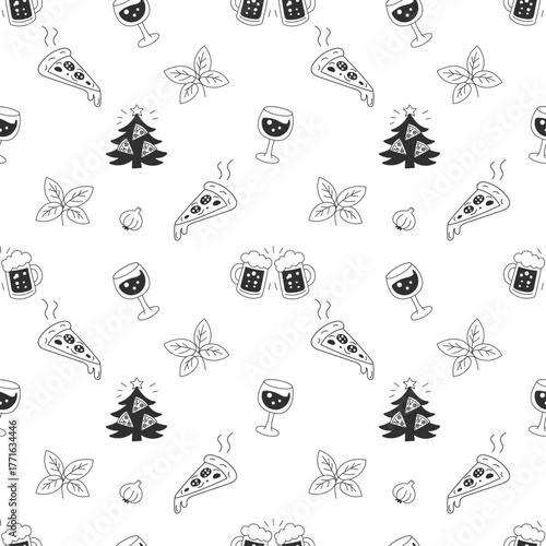 Holiday pizza seamless pattern with tree, beer and wine icons