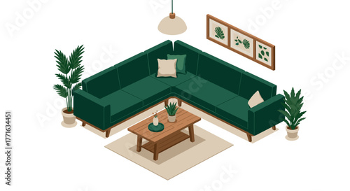 Modern isometric living room with green sofa and cozy decor elements