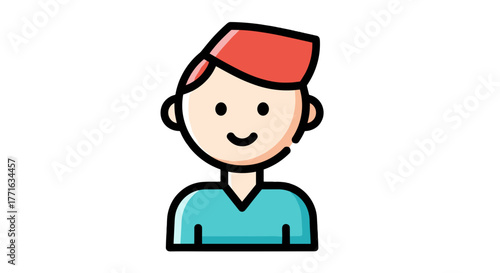 A friendly cartoon person with a cheerful expression and a stylish red head covering stands on a transparent background.