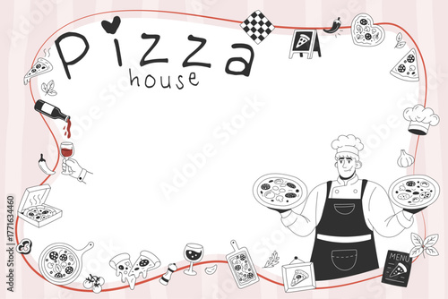 Pizza house flyer frame with chef and border doodles for promotions