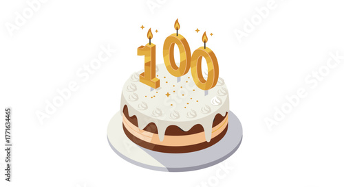 Isometric cake with golden number 100 and candles for celebrations