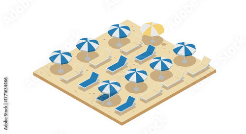 Isometric beach scene with umbrellas and lounge chairs on sandy shore