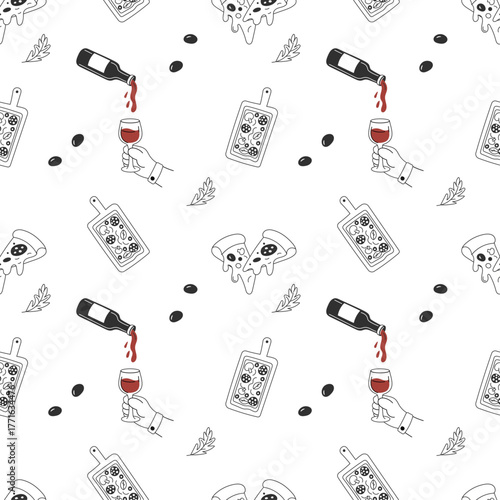 Wine and pizza board seamless pattern for trattoria and pairing