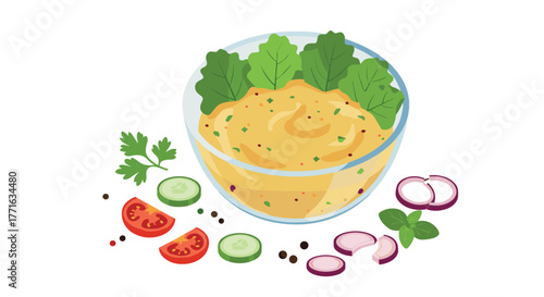 Fresh hummus bowl with vegetables and herbs on white background