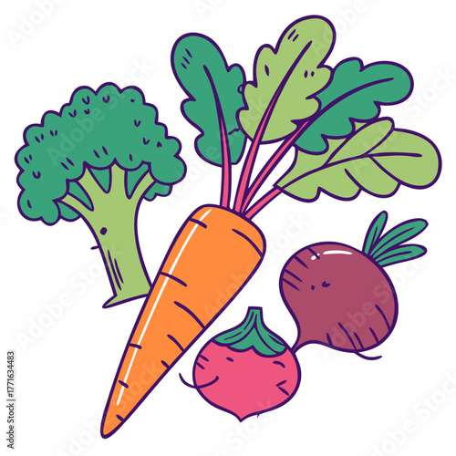 Cartoon style vegetable illustration with broccoli, carrot, and beet