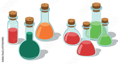 Colorful isometric glass bottles with cork stoppers filled with liquid