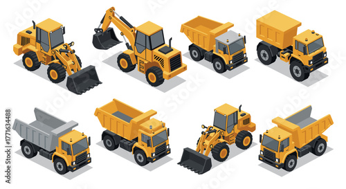 Isometric construction vehicles collection: excavators, dump trucks, loaders