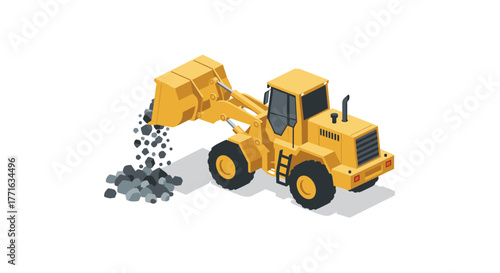 Isometric construction bulldozer moving rocks on white background
