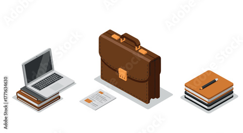 Isometric office elements: laptop, briefcase, and notepad in modern design