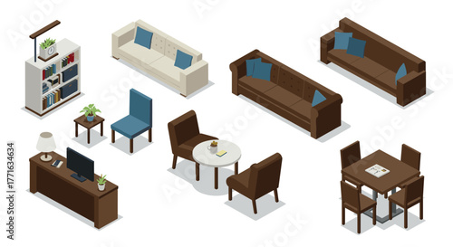 Isometric modern living room furniture set with sofas, tables, and chairs